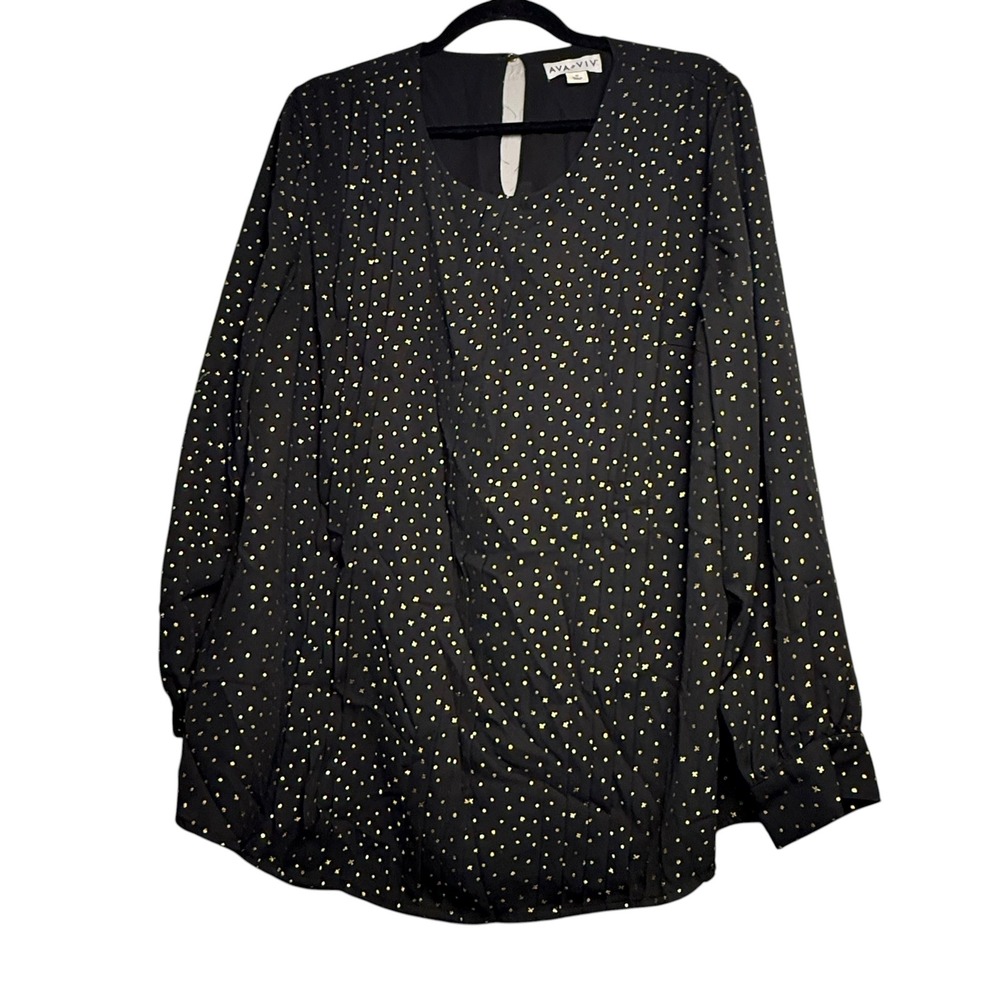 Ava & Viv Womens 1X Black Gold Foil Polka Dot Long Sleeve Blouse Keyhole Back - Picture 1 of 9